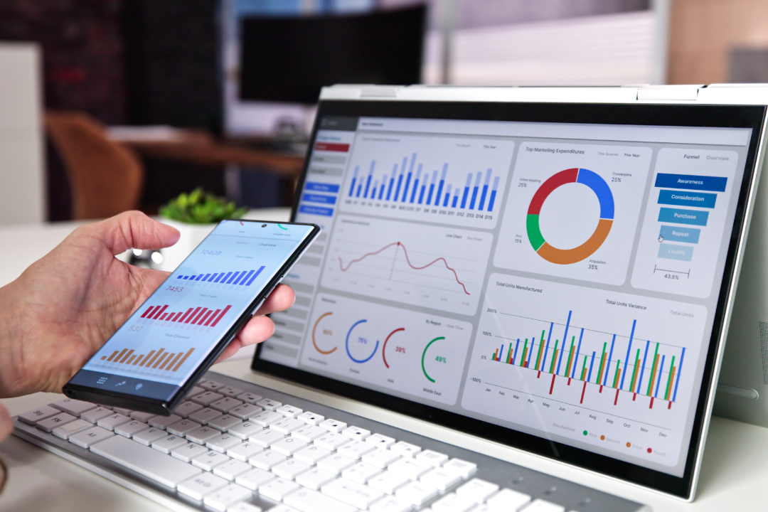 Visualize a dynamic SEO dashboard using Google Search Console, Ahrefs, and Ubersuggest in a sleek office setup.